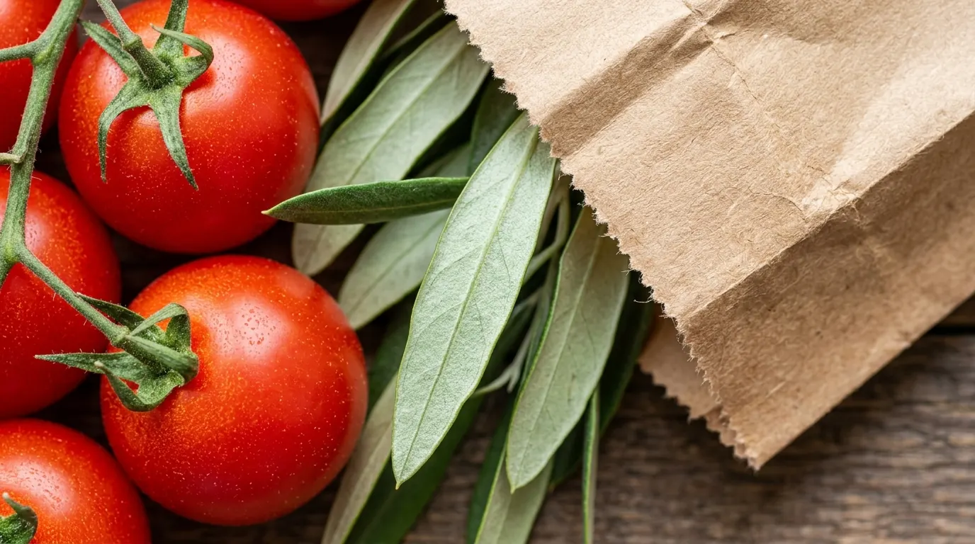 Tomatoes, olive leaves, and a paper bag edge in bright natural light