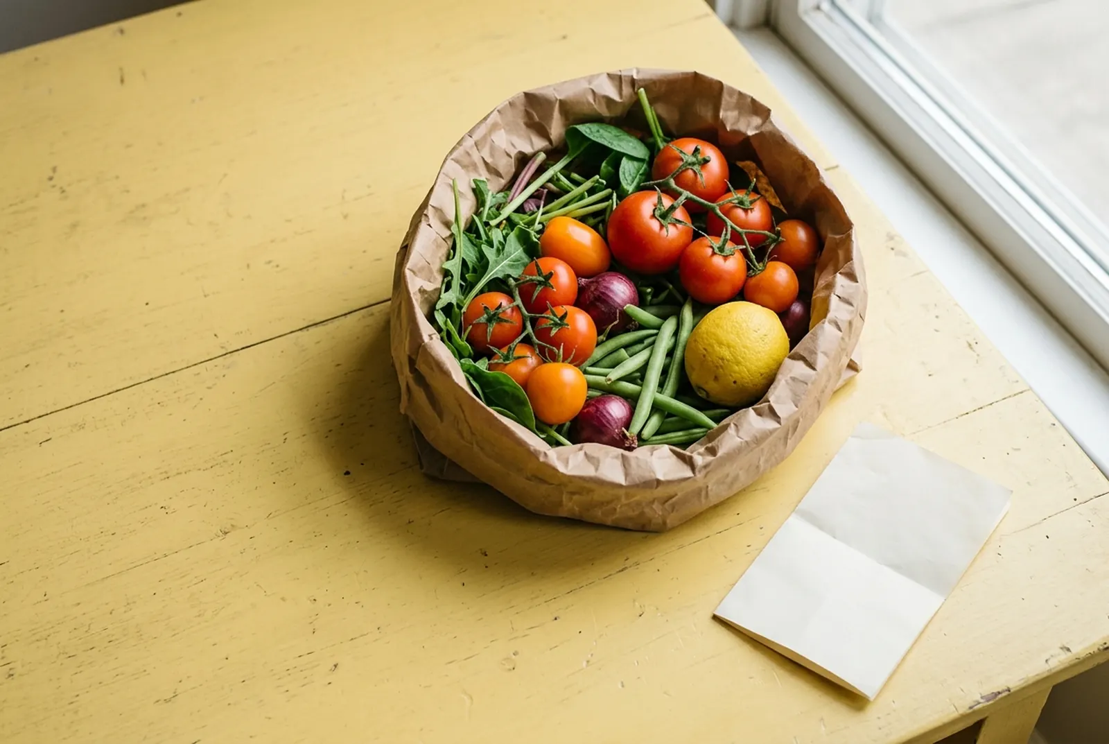 Paper grocery bag with tomatoes, greens and everyday ingredients on a butter-yellow table