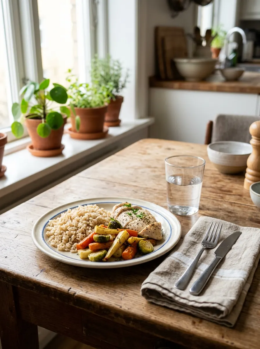 An ordinary balanced lunch with vegetables, grains and water on a home table